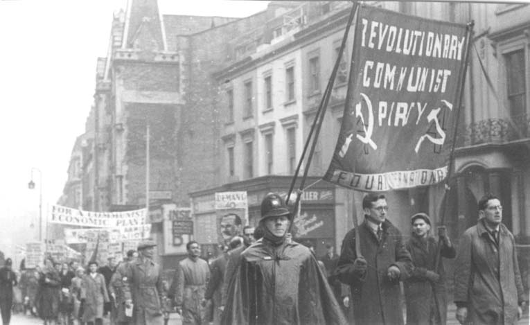 RCP banner, May Day 1947. Jimmy Hinchcliffe (under banner), Andy Sharf (right)